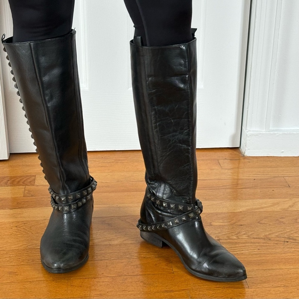 ZARA genuine leather knee high studded biker black boots